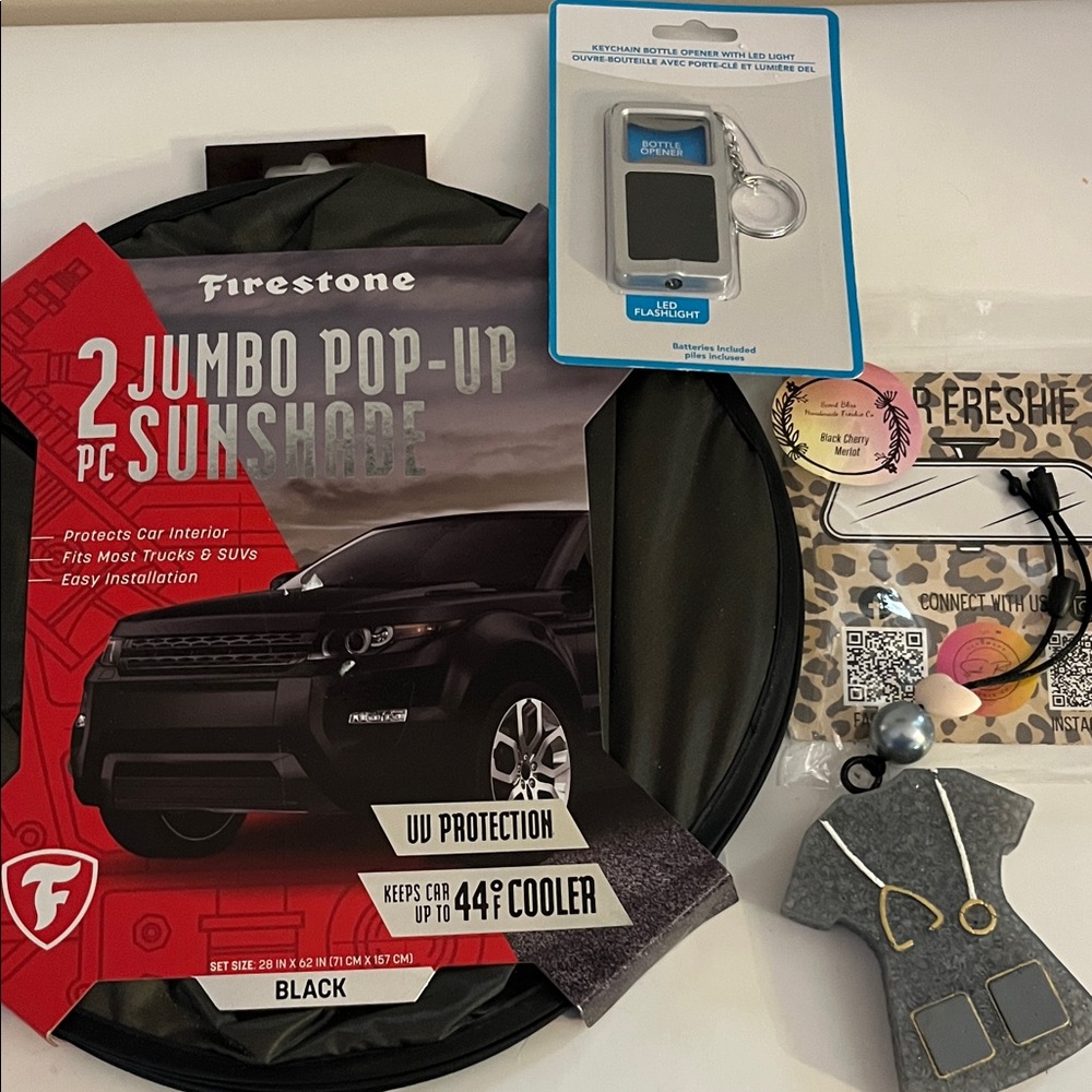 Black Jumbo Pop-Up Sunshade, doctor theme air freshener & led key chain light